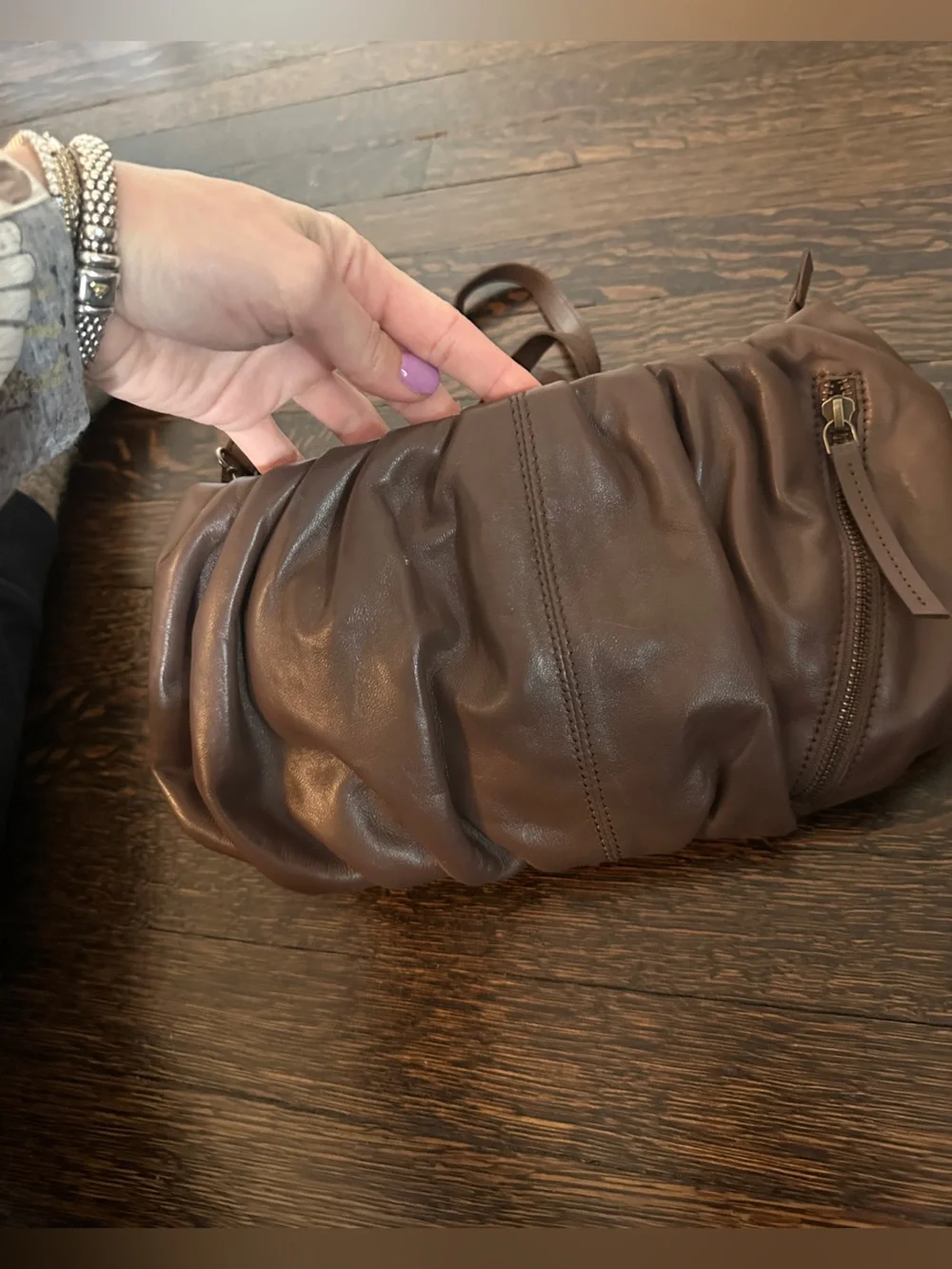 Brown Womens Leather Gathered Clutch or shoulder bag